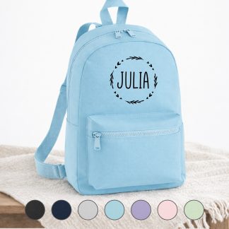 Licht blauwe kinder rugzak met naam gepersonaliseerd bloemenkrans